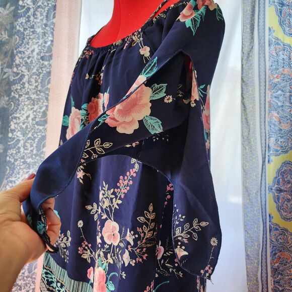 LILYPAD Blue Floral‎ Off the Shoulder Long Tunic Blouse Split Sleeve Size L - Picture 3 of 7